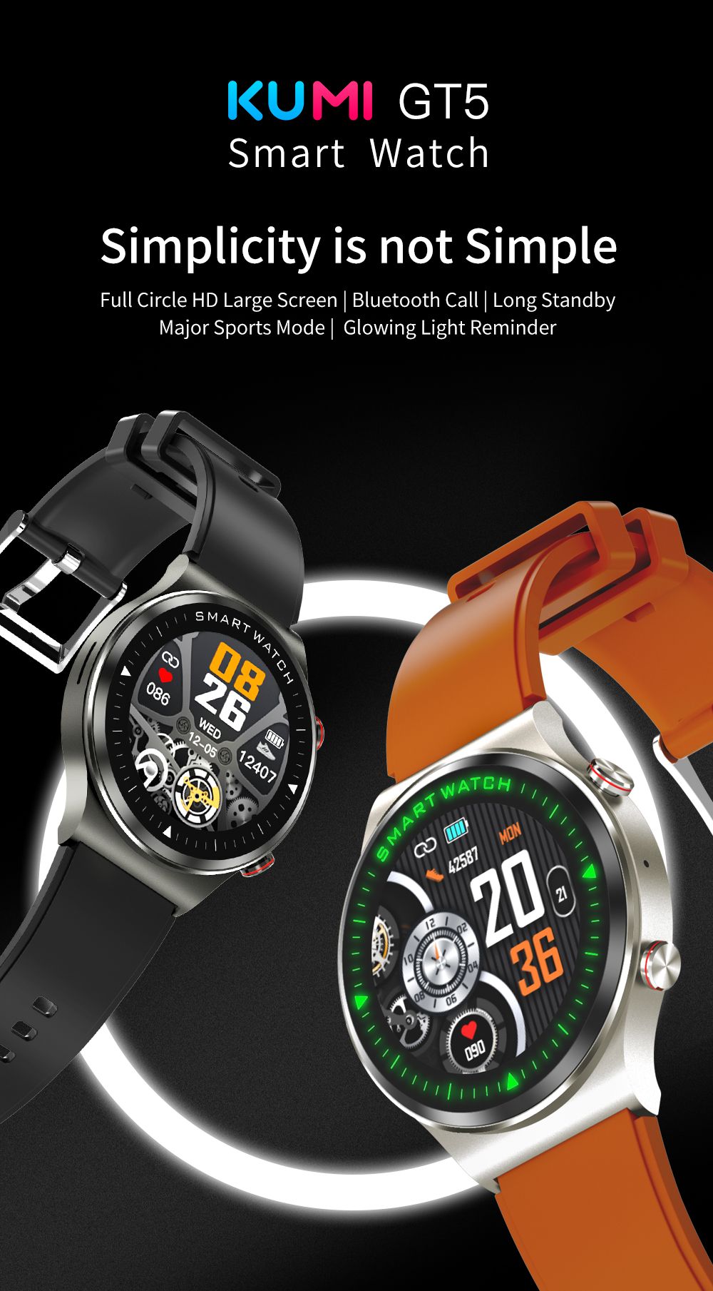 KUMI GT5 Smartwatch 1.28'' IPS HD Screen with BT Call Multiple Sports Heart Rate Monitor SpO2 Measurement - Sliver