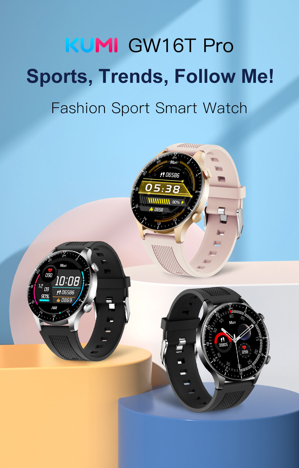 KUMI GW16T Pro Smartwatch 1.3'' Touch Screen Multiple Sports Modes Heart Health SpO2 Measurement IP68 Waterproof - Black