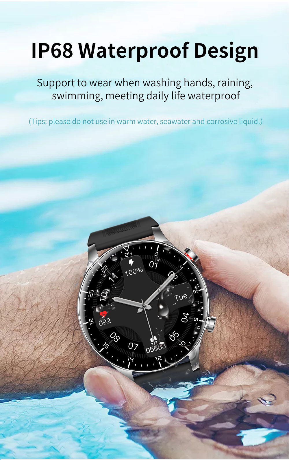 KUMI GW16T Pro Smartwatch 1.3'' Touch Screen Multiple Sports Modes Heart Health SpO2 Measurement IP68 Waterproof - Black