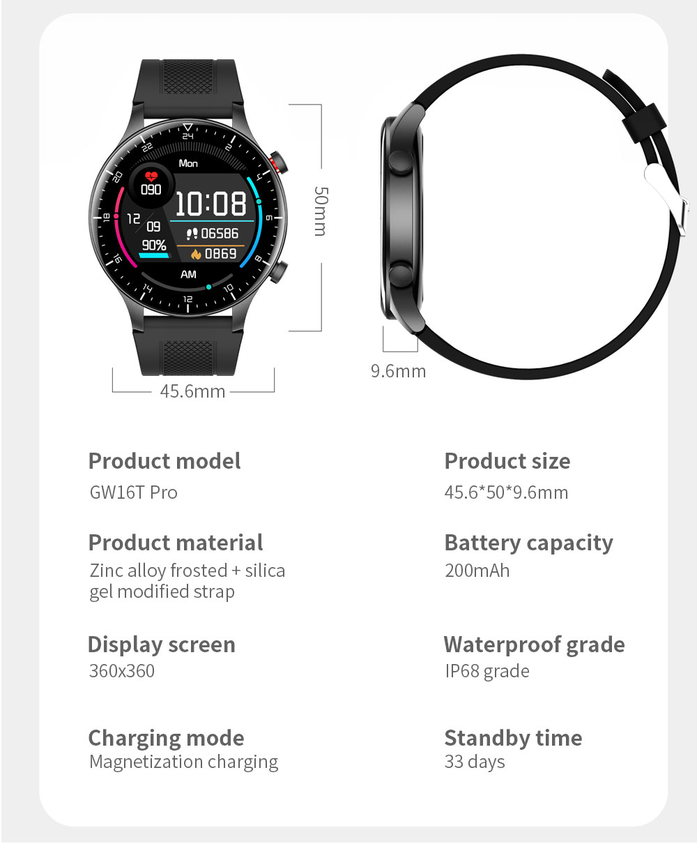 KUMI GW16T Pro Smartwatch 1.3'' Touch Screen Multiple Sports Modes Heart Health SpO2 Measurement IP68 Waterproof - Black