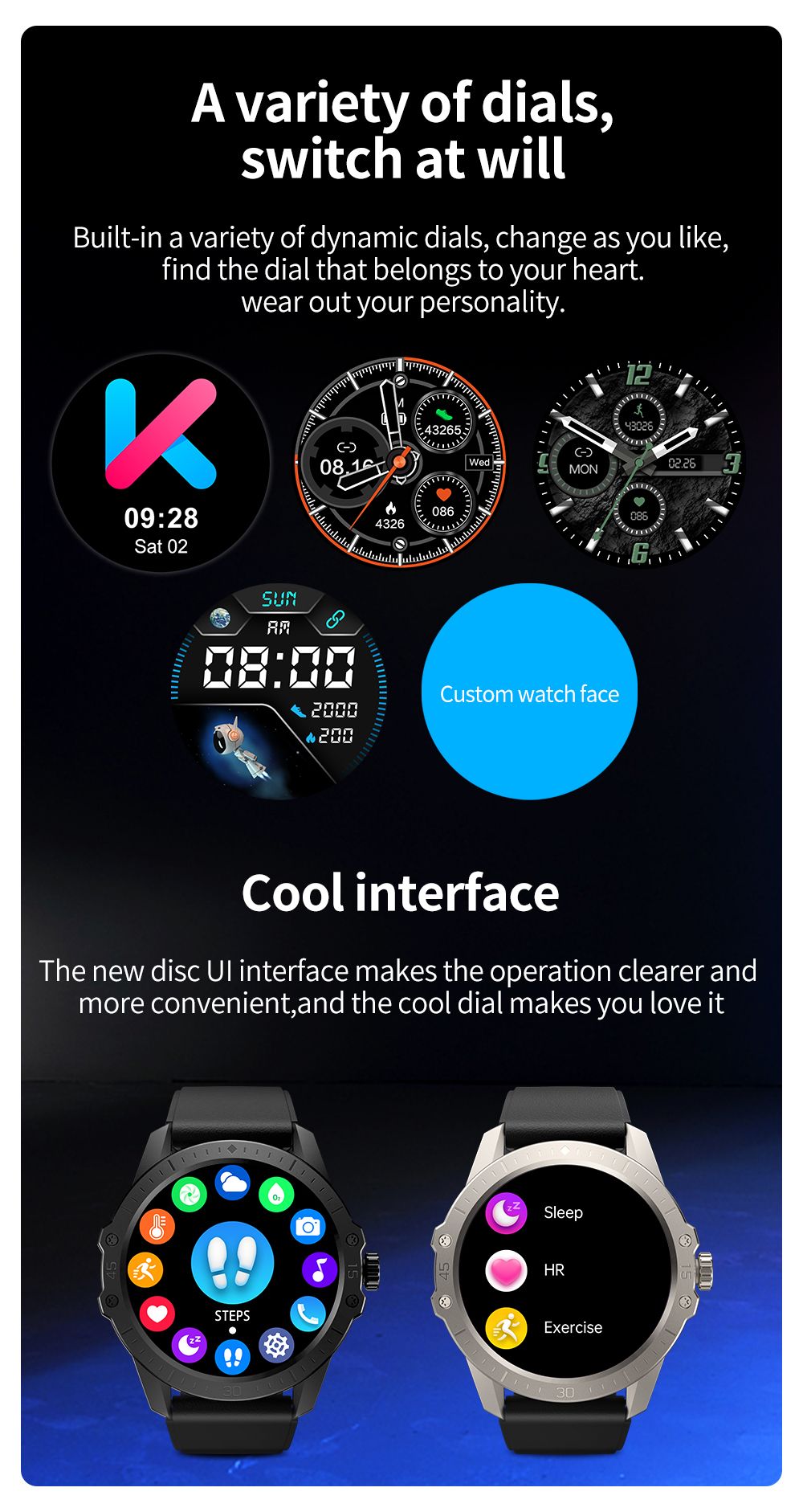 KUMI GW2 Smartwatch 1.32'' HD Color Screen with Bluetooth Call Heart Rate Monitoring Multi-Sport Modes - Black