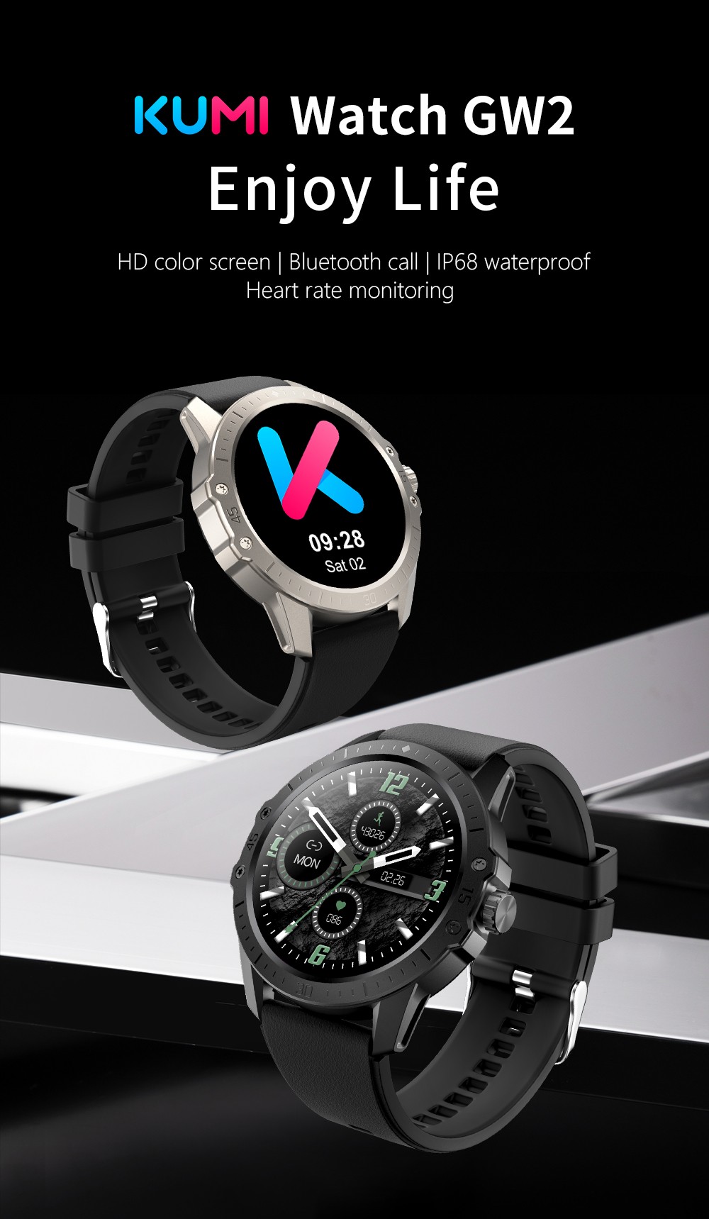 KUMI GW2 Smartwatch 1.32'' HD Color Screen with Bluetooth Call Heart Rate Monitoring Multi-Sport Modes - Silver