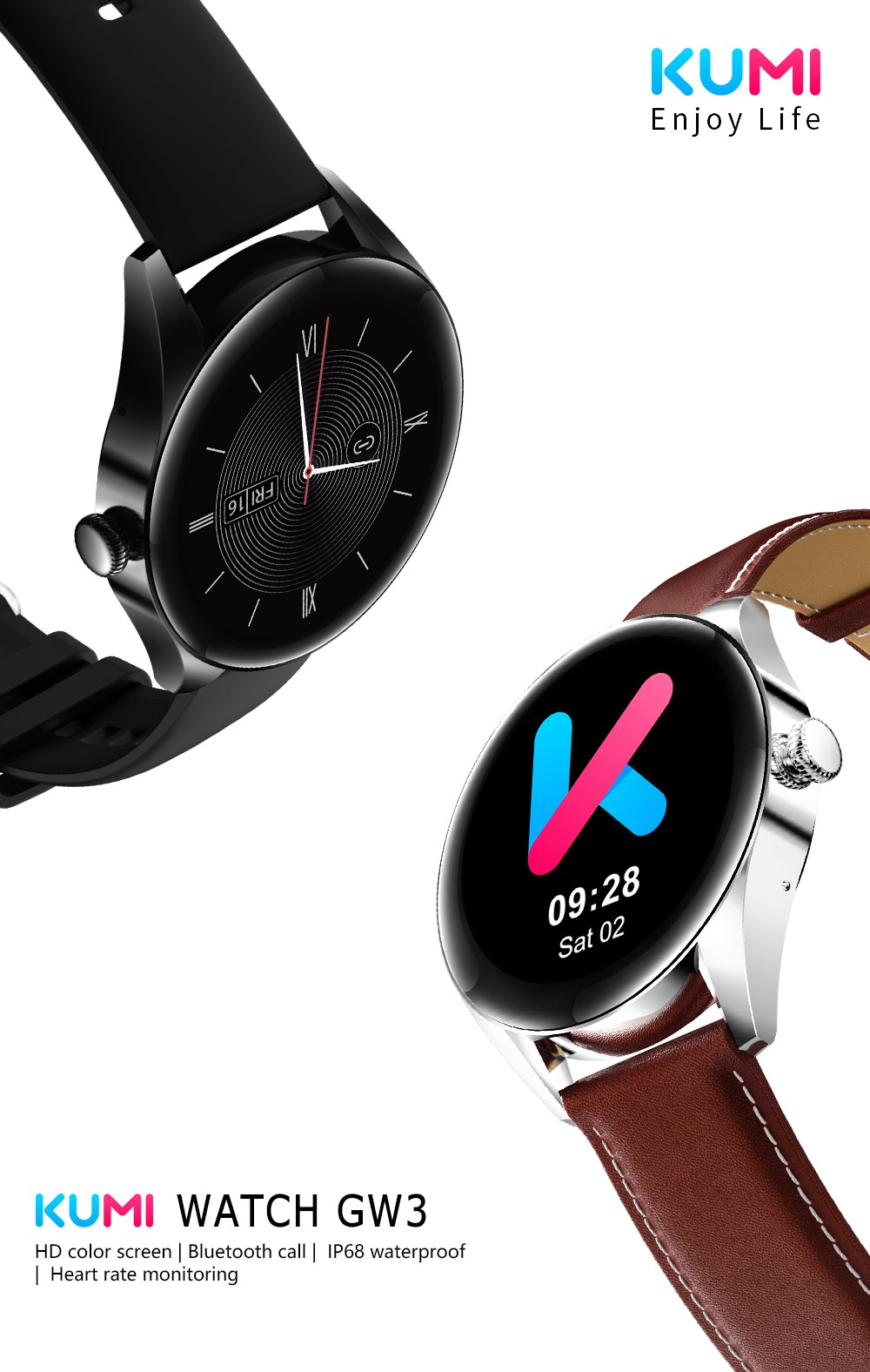 KUMI GW3 Smartwatch for Men 1.32'' HD Color Screen with Bluetooth Call Heart Rate Monitoring Multi-Sport Modes - Black