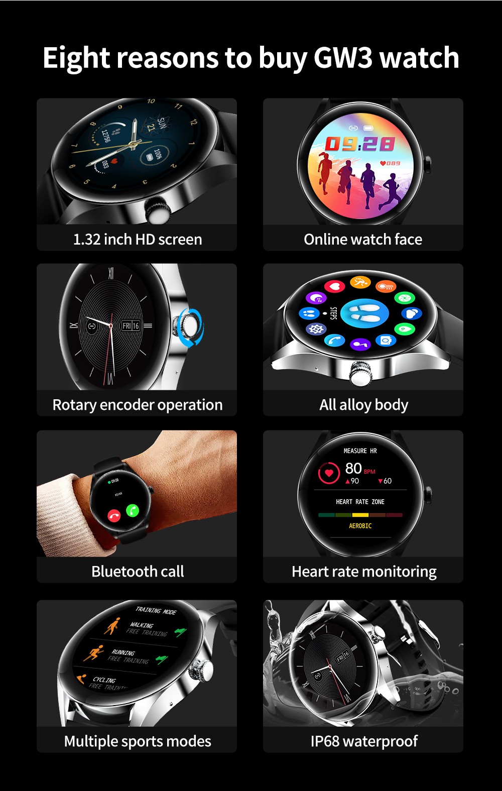KUMI GW3 Smartwatch for Men 1.32'' HD Color Screen with Bluetooth Call Heart Rate Monitoring Multi-Sport Modes - Black