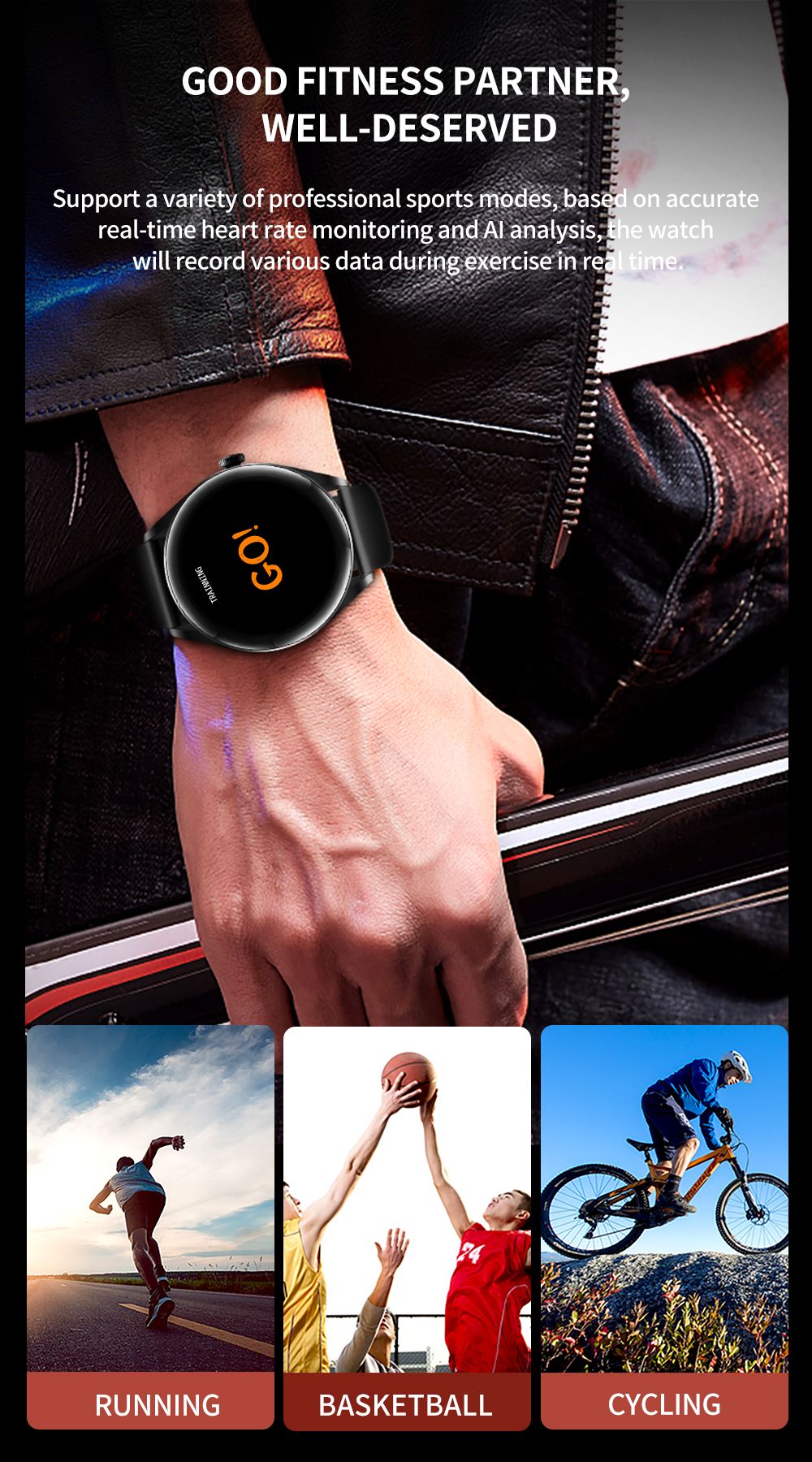 KUMI GW3 Smartwatch for Men 1.32'' HD Color Screen with Bluetooth Call Heart Rate Monitoring Multi-Sport Modes - Black