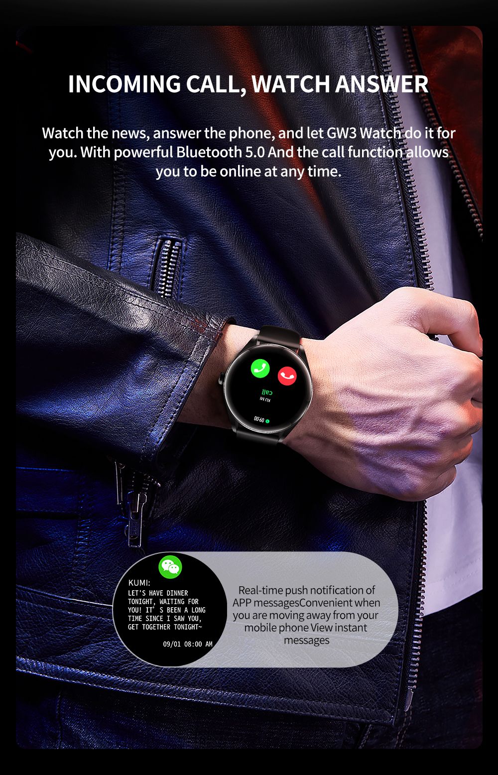 KUMI GW3 Smartwatch for Men 1.32'' HD Color Screen with Bluetooth Call Heart Rate Monitoring Multi-Sport Modes - Black