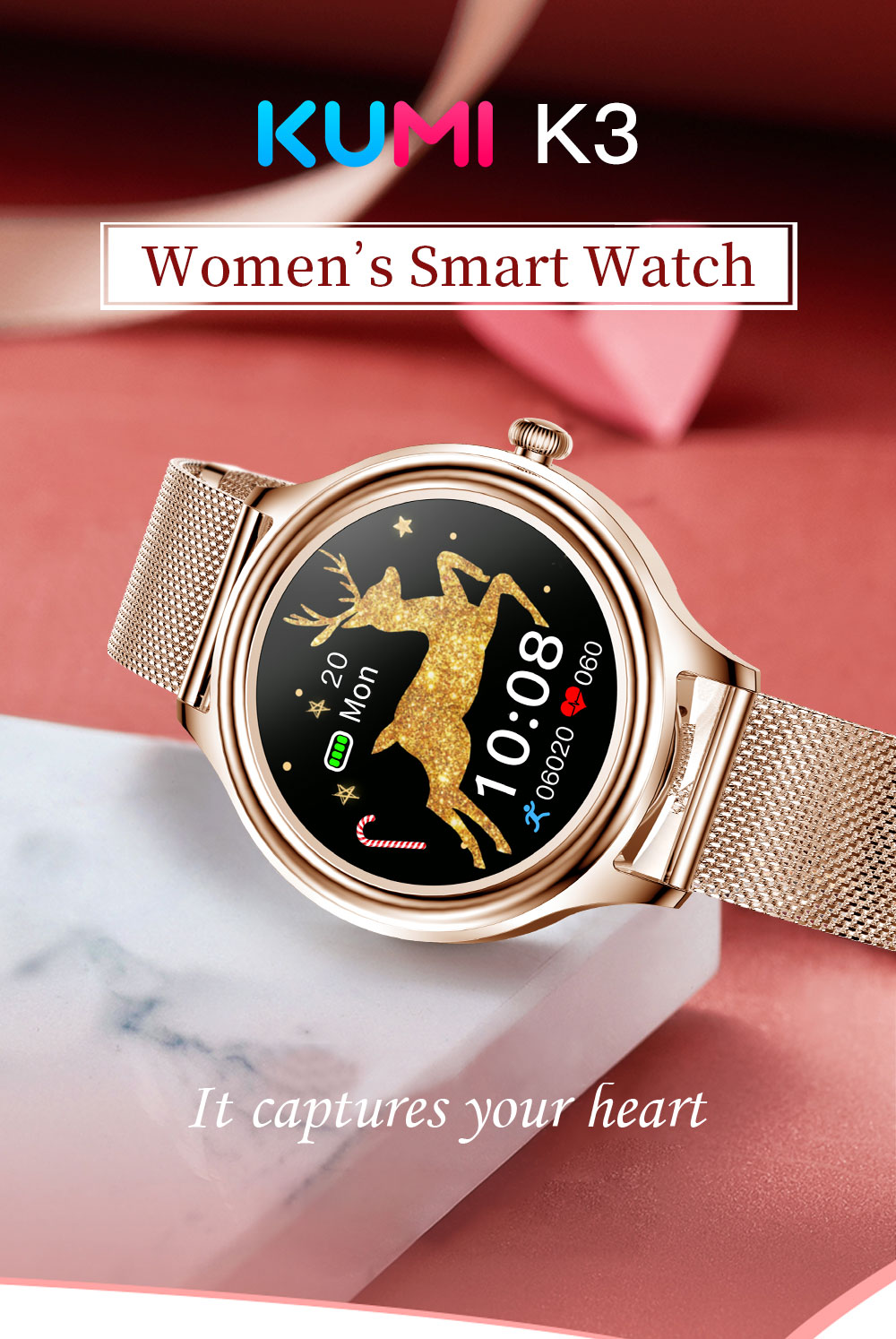 KUMI K3 Smartwatch for Women 1.09'' HD  Color Screen Sleep Analysis Multi-motion Modes Information Reminder - Gold