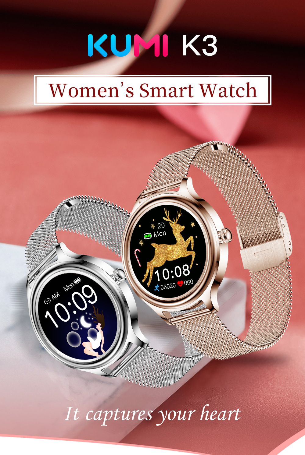 KUMI K3 Smartwatch for Women 1.09'' HD  Color Screen Sleep Analysis Multi-motion Modes Information Reminder - Gold