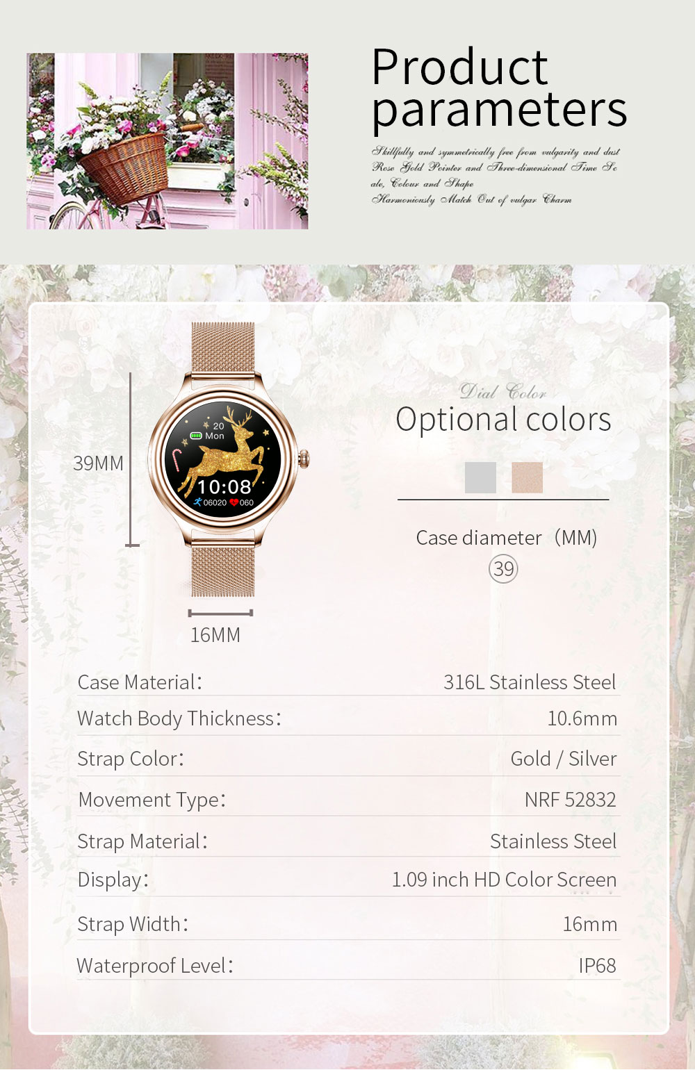 KUMI K3 Smartwatch for Women 1.09'' HD  Color Screen Sleep Analysis Multi-motion Modes Information Reminder - Gold