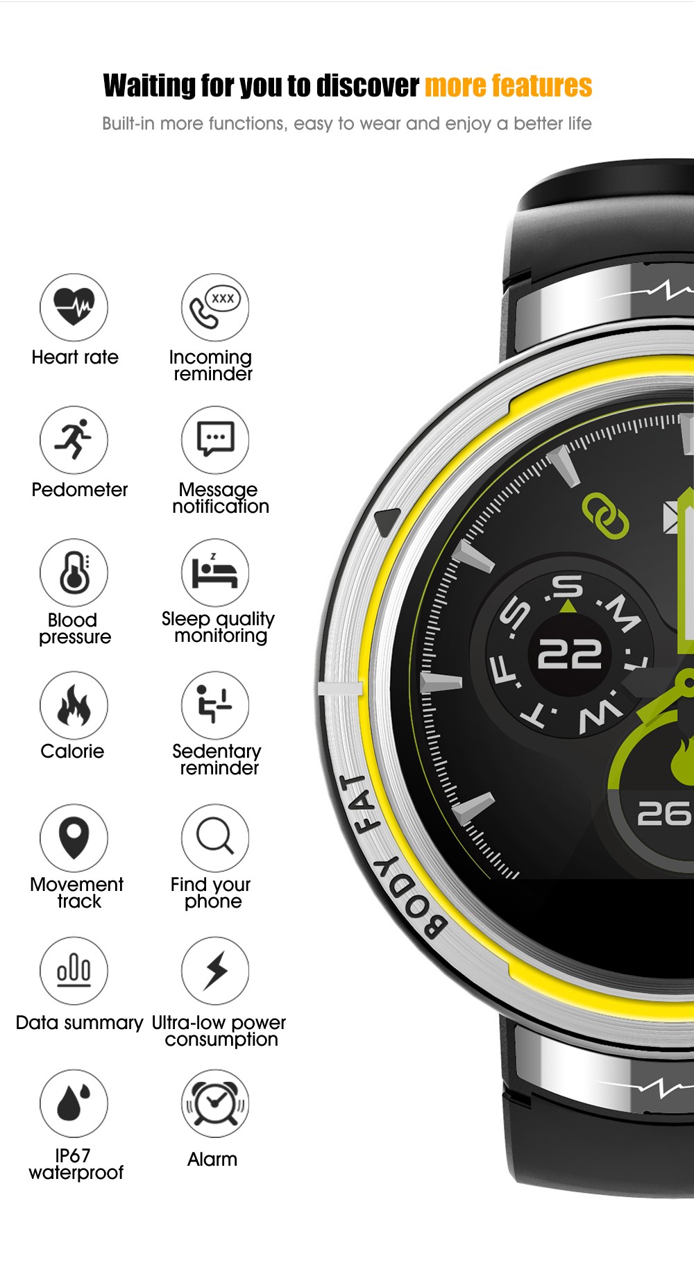 KUMI KU5 Smartwatch 1.22'' TFT Screen Real-time Health Monitoring Multi-dial Switch Various Sport Modes - Black