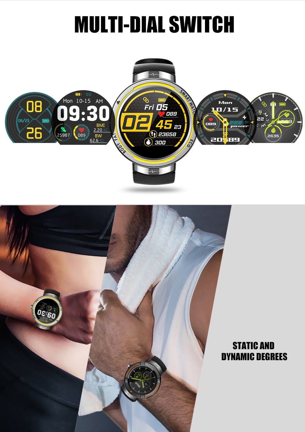 KUMI KU5 Smartwatch 1.22'' TFT Screen Real-time Health Monitoring Multi-dial Switch Various Sport Modes - Black