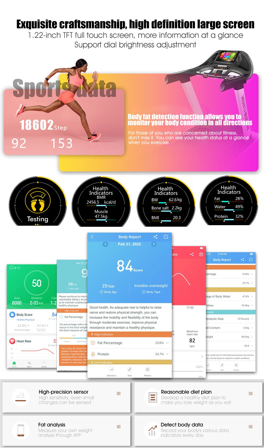 KUMI KU5 Smartwatch 1.22'' TFT Screen Real-time Health Monitoring Multi-dial Switch Various Sport Modes - Black