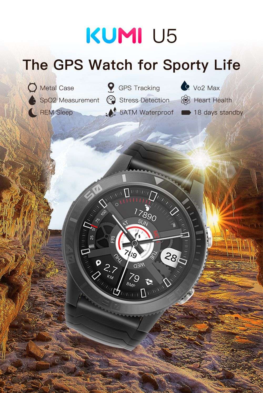 KUMI U5 Smartwatch 1.32'' IPS Color Screen with GPS for Outdoor Sports Heart Health SpO2 Measurement - Black