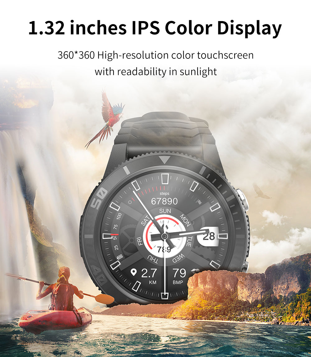 KUMI U5 Smartwatch 1.32'' IPS Color Screen with GPS for Outdoor Sports Heart Health SpO2 Measurement - Black