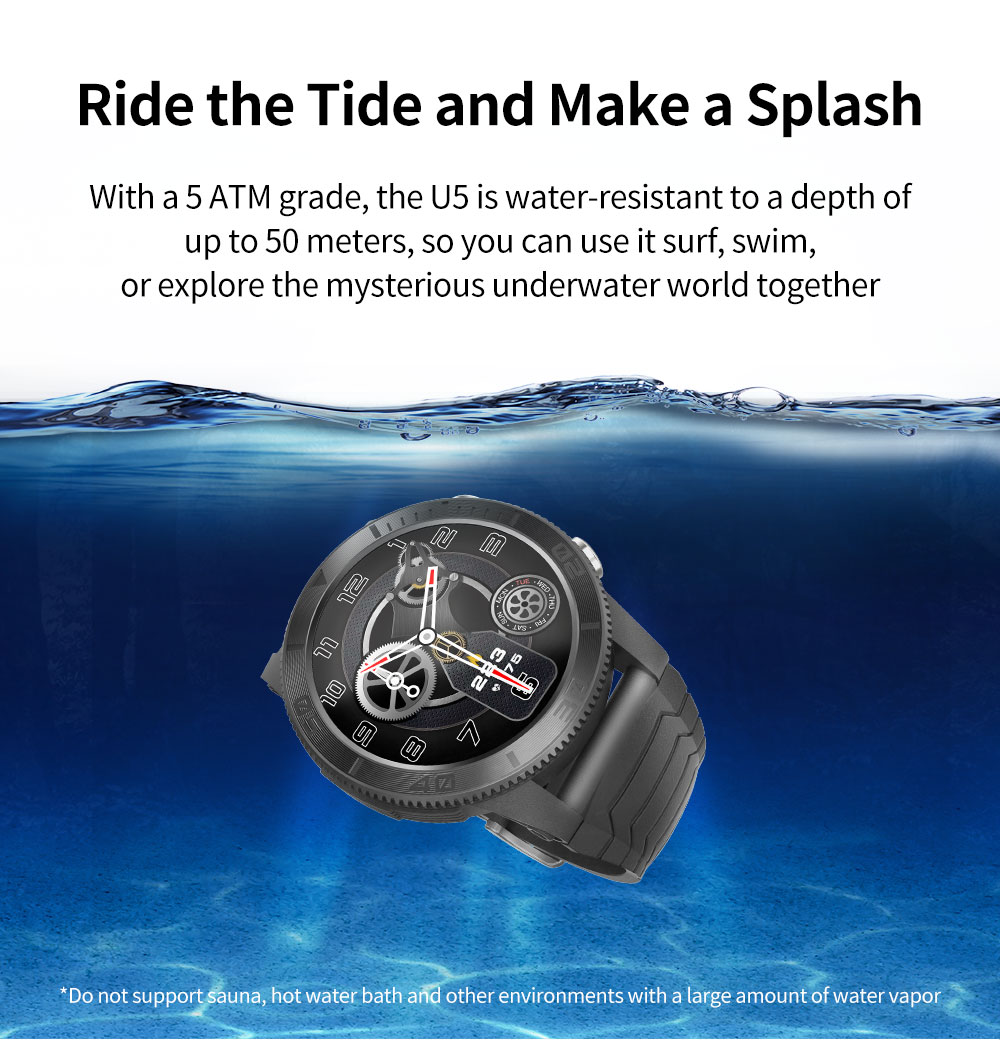 KUMI U5 Smartwatch 1.32'' IPS Color Screen with GPS for Outdoor Sports Heart Health SpO2 Measurement - Black