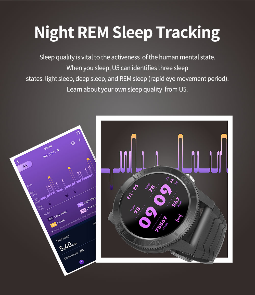 KUMI U5 Smartwatch 1.32'' IPS Color Screen with GPS for Outdoor Sports Heart Health SpO2 Measurement - Black