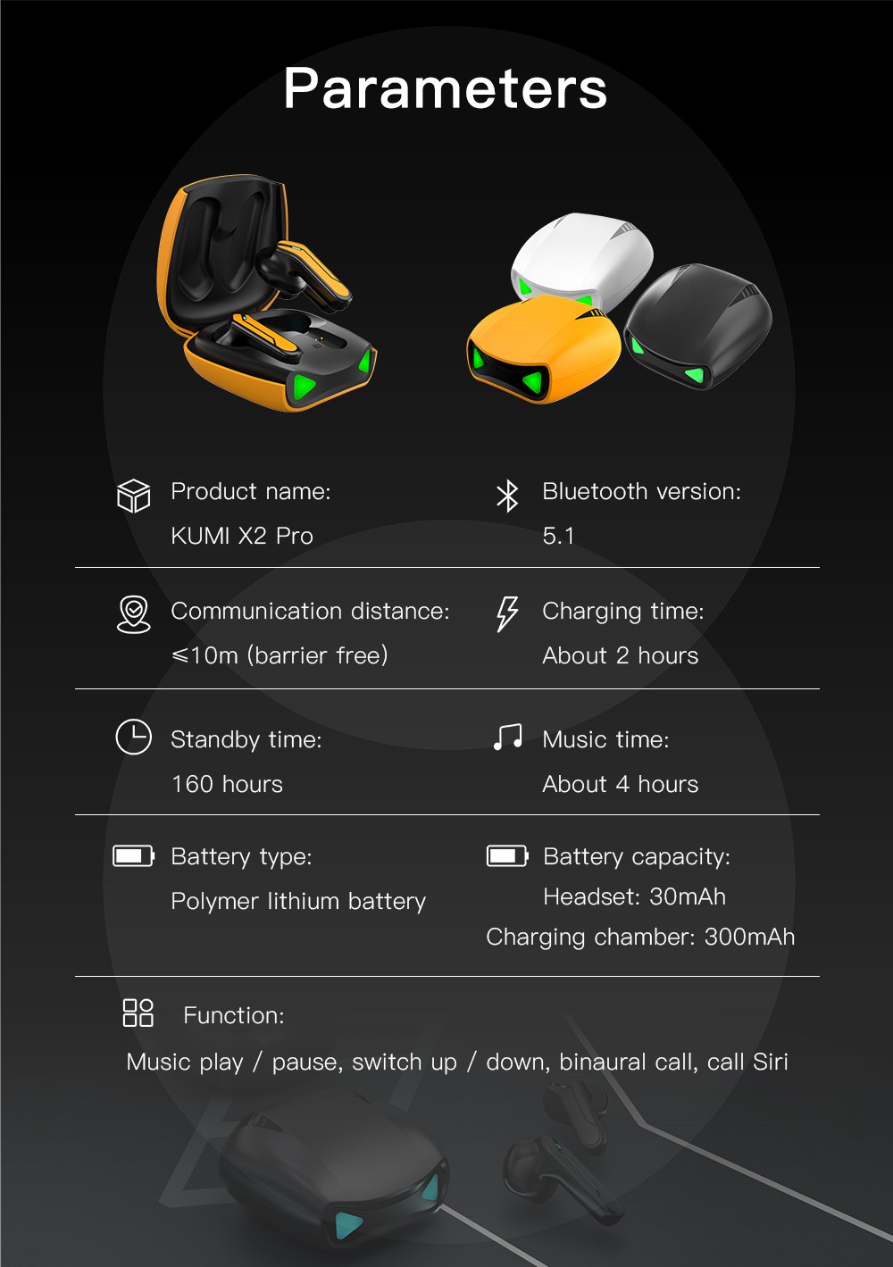 KUMI X2 Pro TWS Bluetooth 5.1 Gaming Earphone with One Touch Key True Wireless Earbuds - White