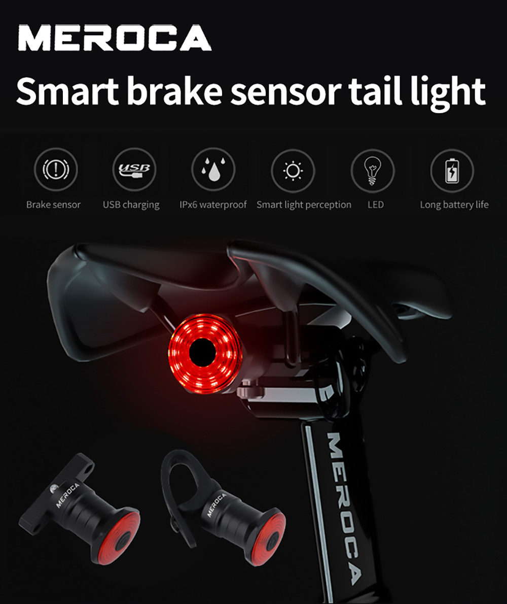 MEROCA WR15 Smart Bike Tail Light Brake Sensing Bicycle Rear Flashlight with 500mAh Battery 7 Light Modes for Saddle