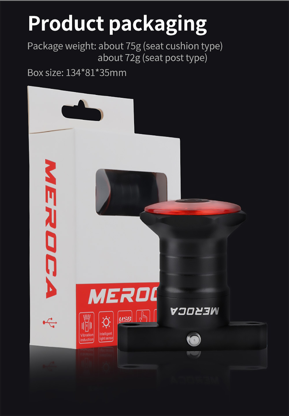 MEROCA WR15 Smart Bike Tail Light Brake Sensing Bicycle Rear Flashlight with 500mAh Battery 7 Light Modes for Saddle