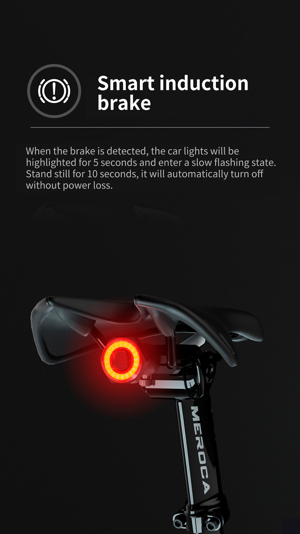 MEROCA WR25 Smart Bike Seatpost Tail Light Brake Sensing Bicycle Rear Flashlight with 500mAh Battery 4 Light Modes