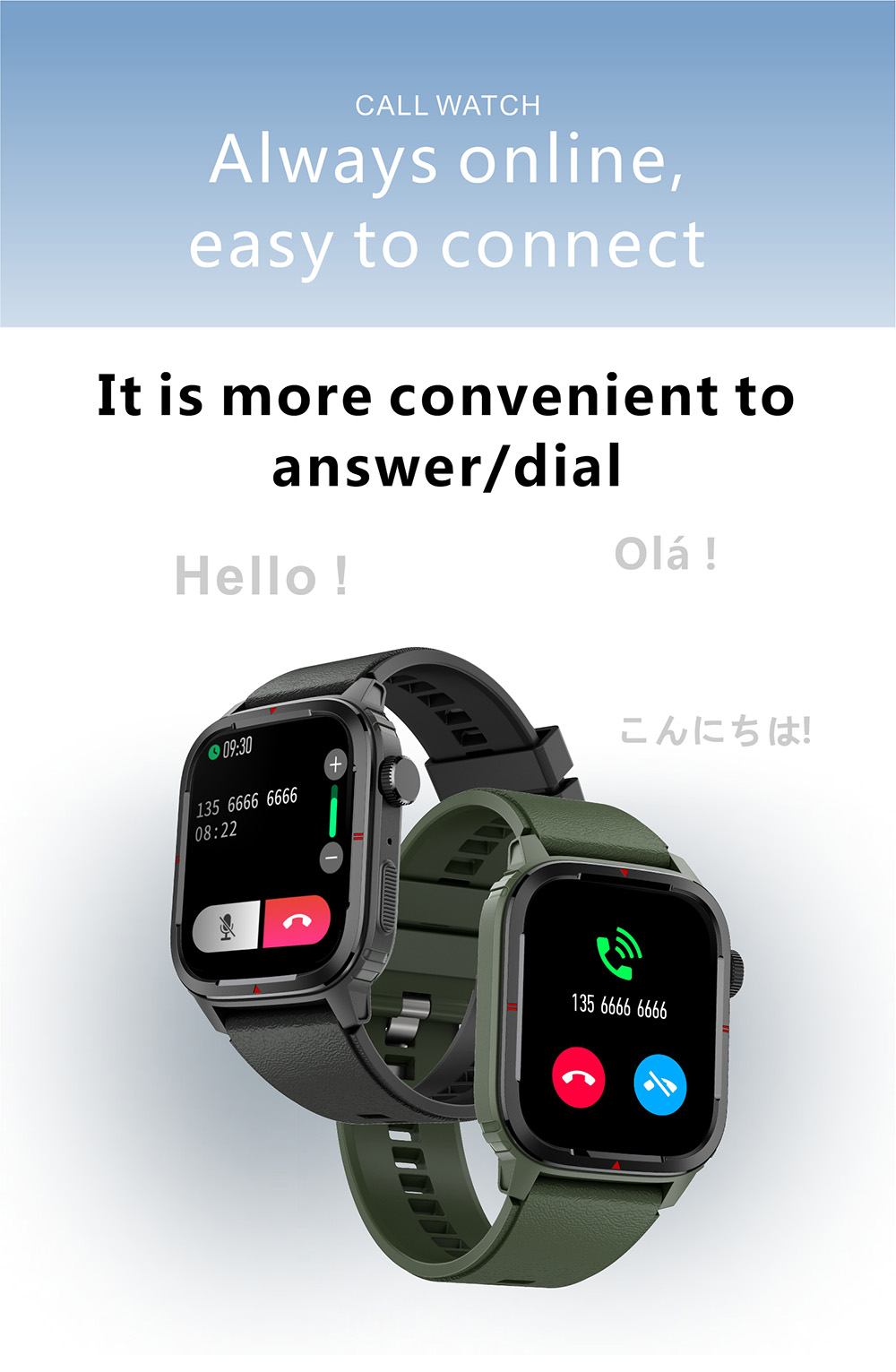 Makibes Q25 Smartwatch Bluetooth Calling Watch 1.7'' Touch Screen Heart Rate SpO2 BP Monitor - Army Green