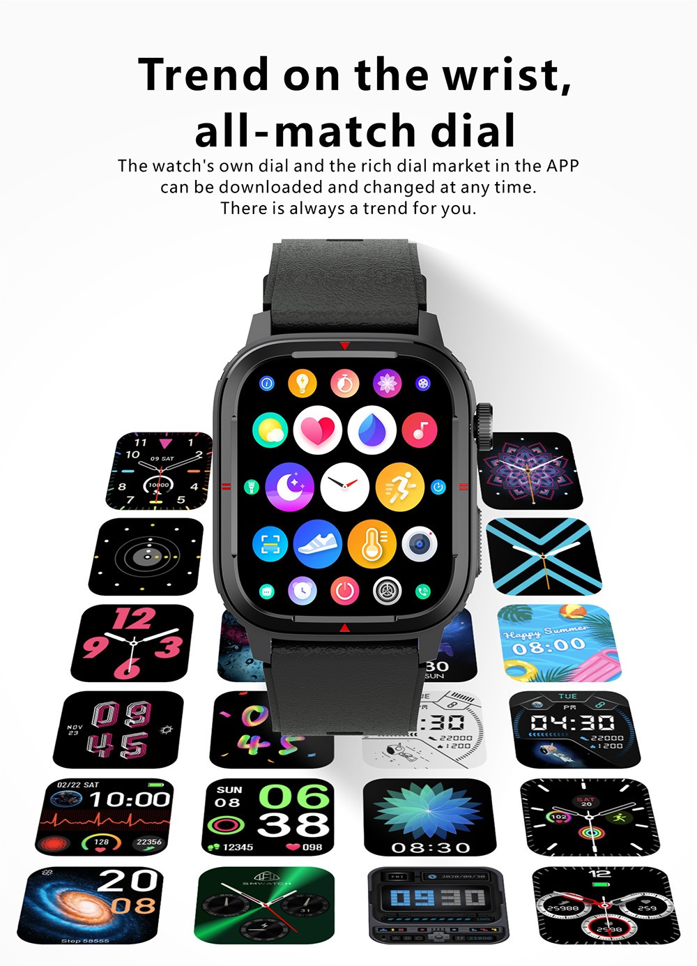 Makibes Q25 Smartwatch Bluetooth Calling Watch 1.7'' Touch Screen Heart Rate SpO2 BP Monitor - Black