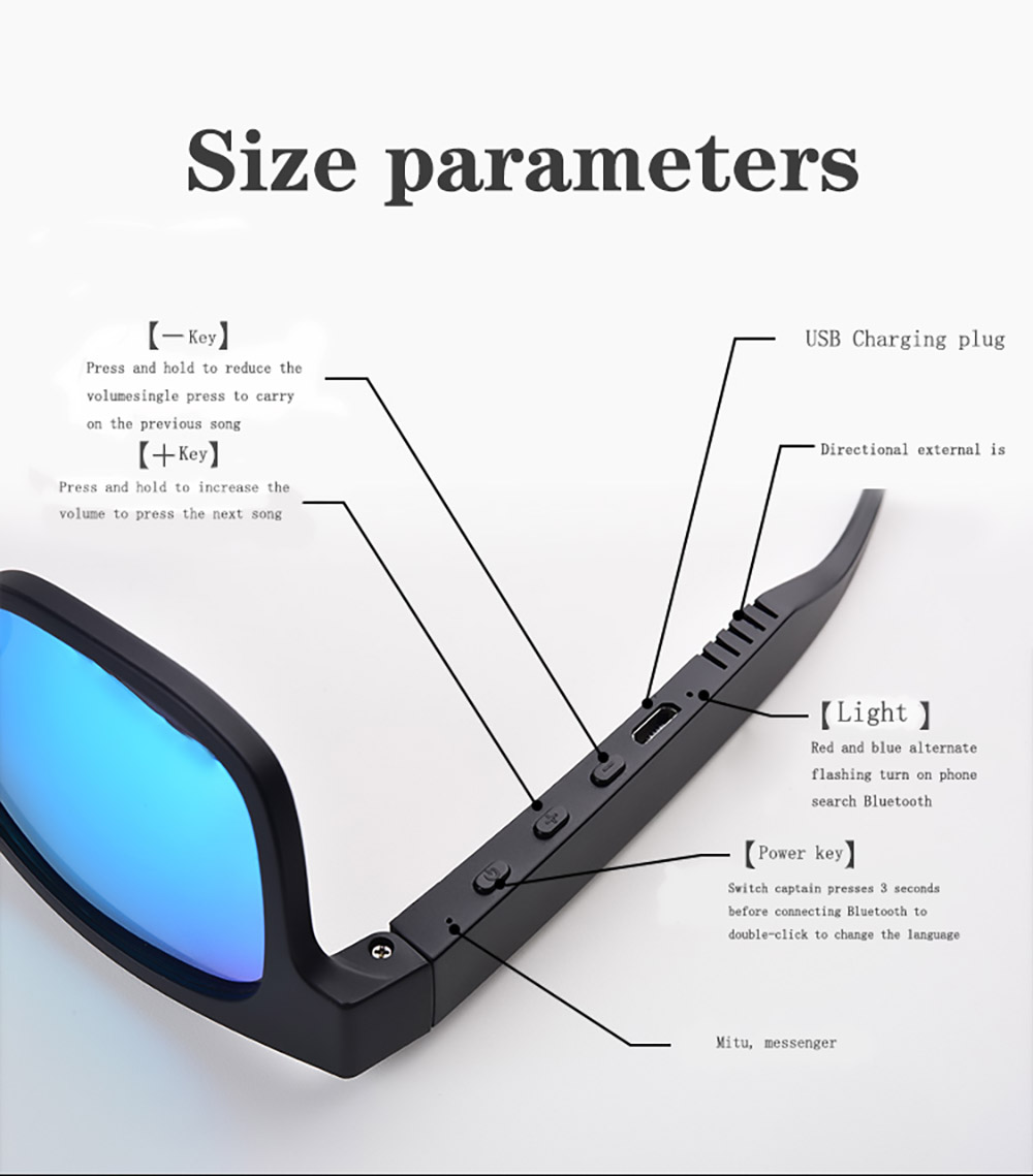 Smart Bluetooth Sunglasses TWS Audio Eyewear Music & Hands Free Calling Sunglasses BT5.0 - Black