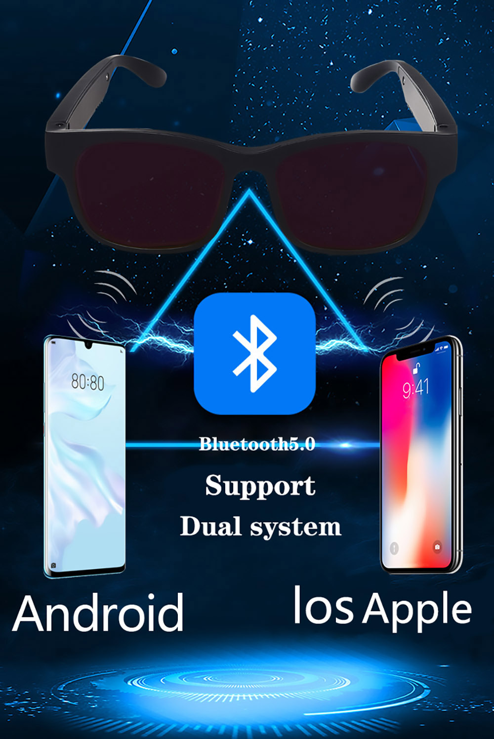 Smart Bluetooth Sunglasses TWS Audio Eyewear Music & Hands Free Calling Sunglasses BT5.0 - Black