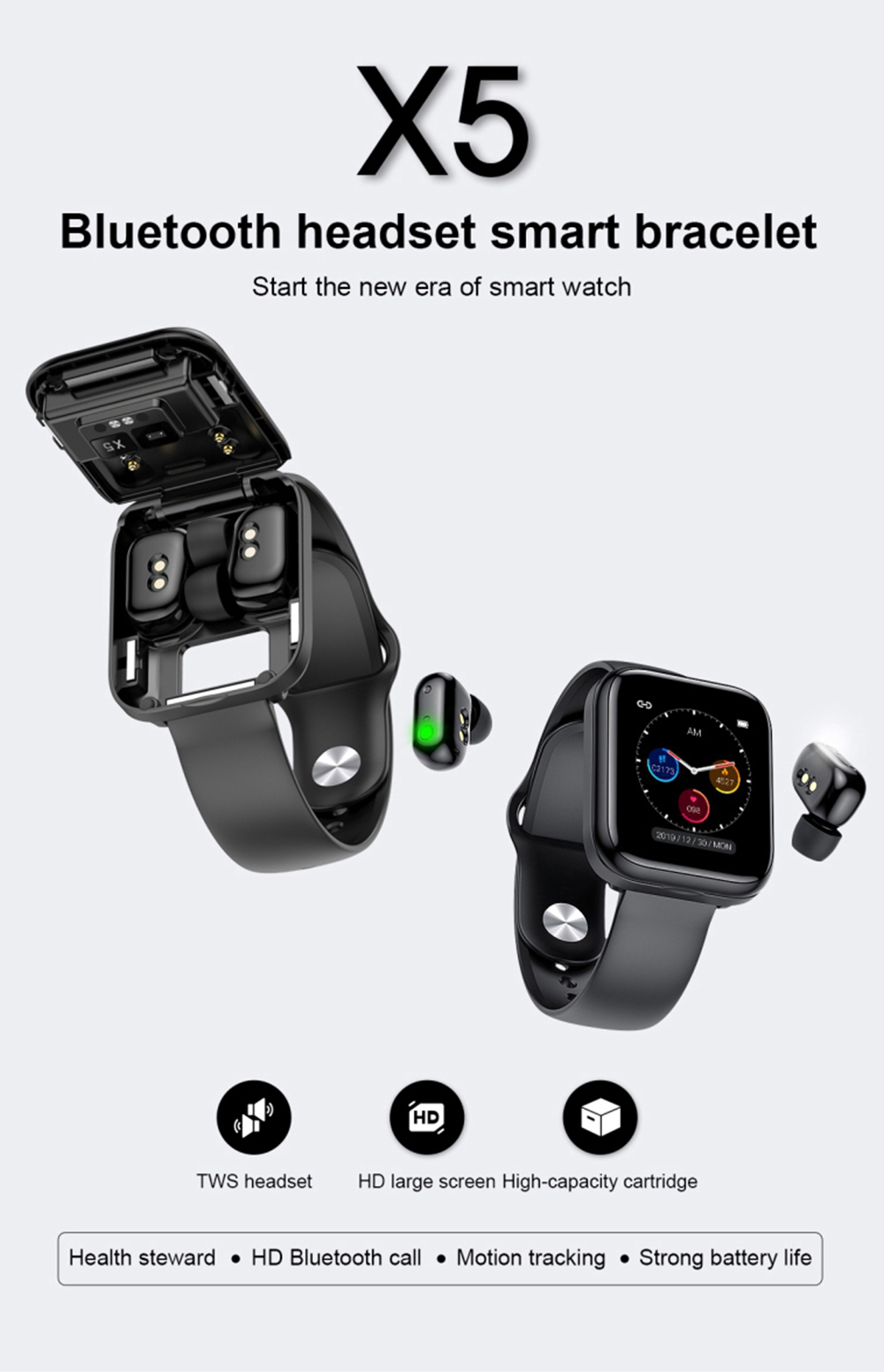 Smart Watch with Bluebooth Earbuds, Wireless Earphones Fitness Tracker Waterproof Sports Bracelet with HR Monitor
