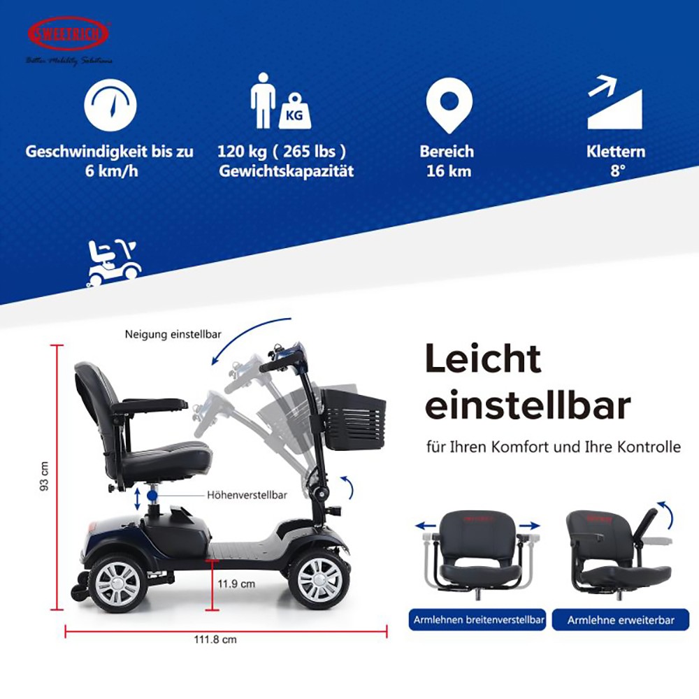Sweetrich 1000S 300W Folding 4 Wheels Electric Mobility Scooter for Elderly and Disabled - Blue