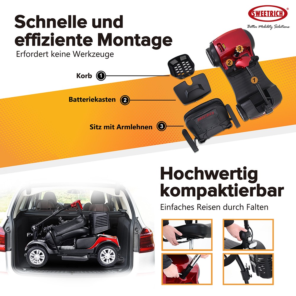 Sweetrich 1000S 300W Folding 4 Wheels Electric Mobility Scooter for Elderly and Disabled - Red