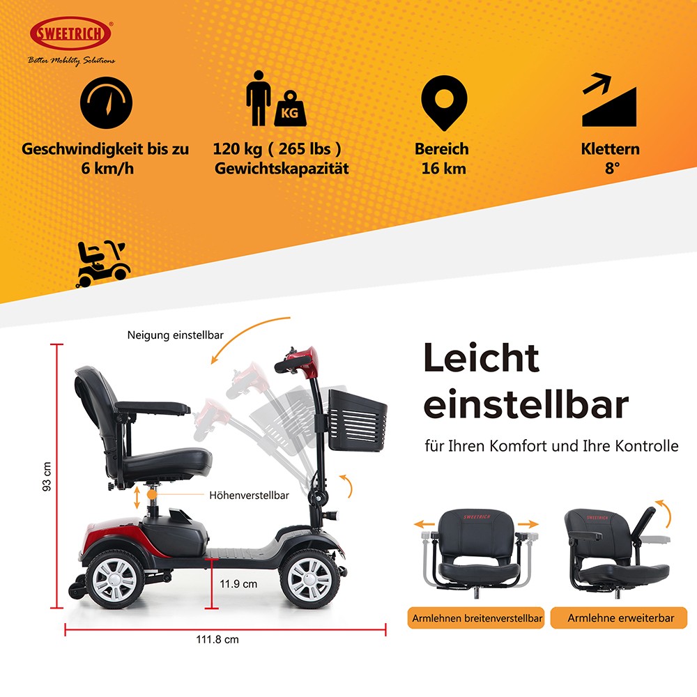 Sweetrich 1000S 300W Folding 4 Wheels Electric Mobility Scooter for Elderly and Disabled - Red