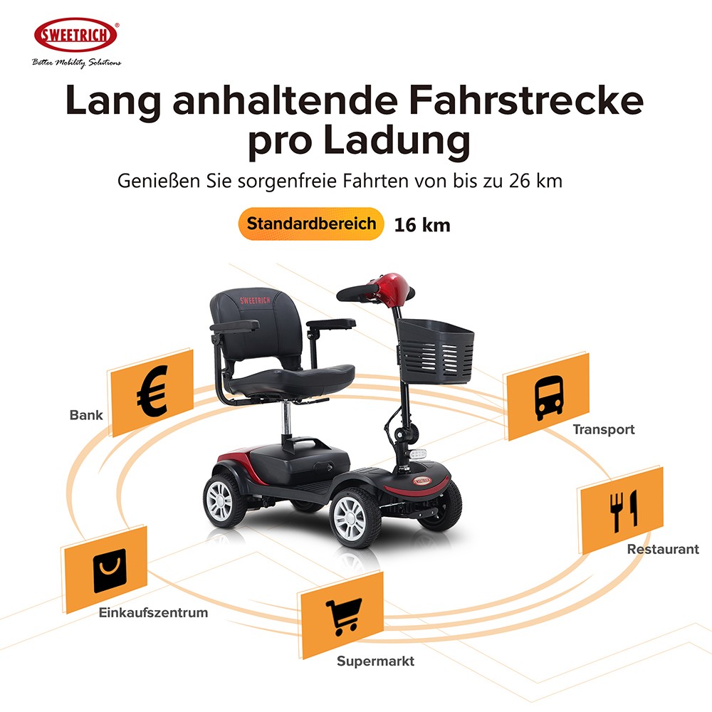 Sweetrich 1000S 300W Folding 4 Wheels Electric Mobility Scooter for Elderly and Disabled - Red