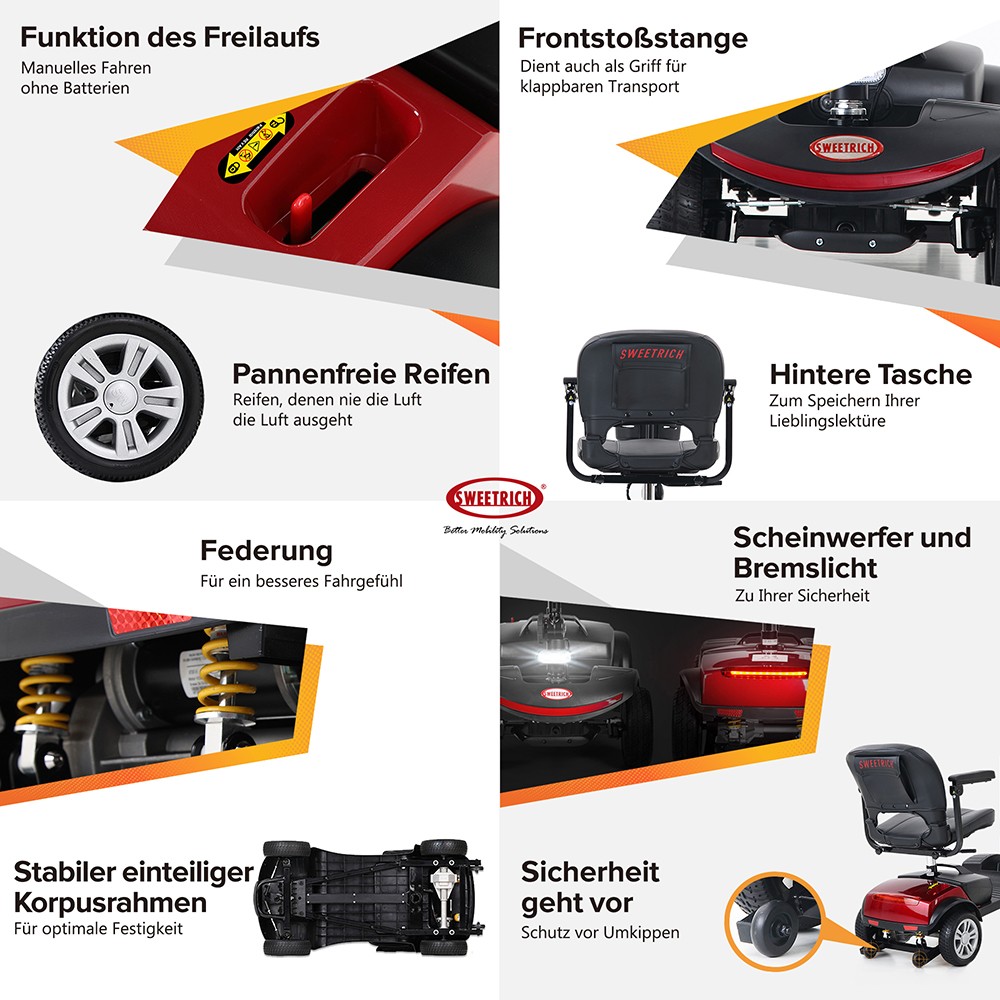 Sweetrich 1000S 300W Folding 4 Wheels Electric Mobility Scooter for Elderly and Disabled - Red