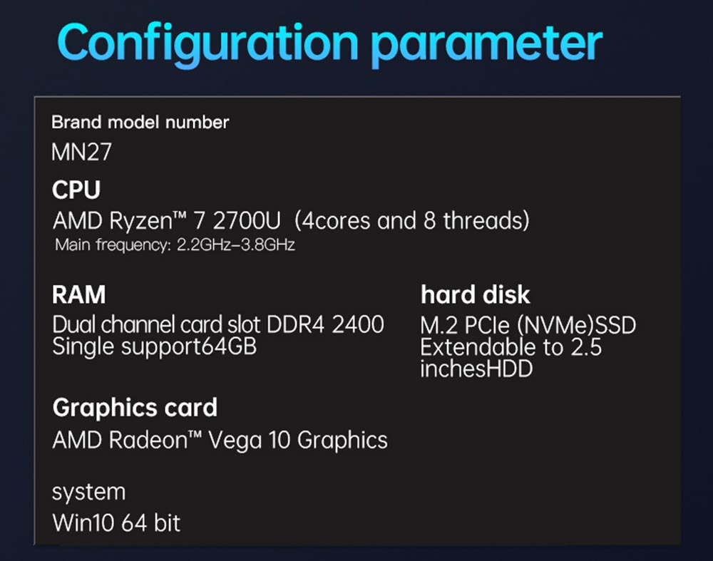 T-bao MN27 AMD Ryzen™ 7 2700U 4 Cores 8 Threads 8GB RAM DDR4 128GB ROM Windows 10 Mini PC RJ45 Up To 1000M WiFi BT 34 T-bao MN27 AMD Ryzen™ 7 2700U 4 Cores 8 Threads 8GB RAM DDR4 128GB ROM Windows 10 Mini PC RJ45 Up to 1000M WiFi BT