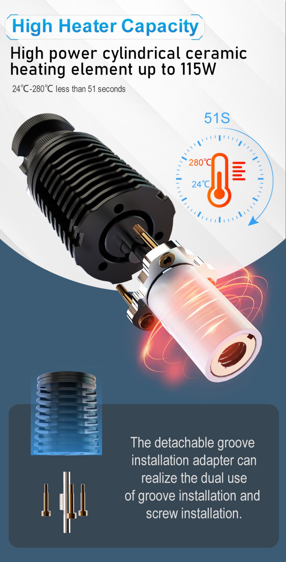 Trianglelab Rapido Hotend PT1000 Printing Flow Up To 75mm³/s 115W High Temperature 350C for DDB extruder Ender3 V2 CR10