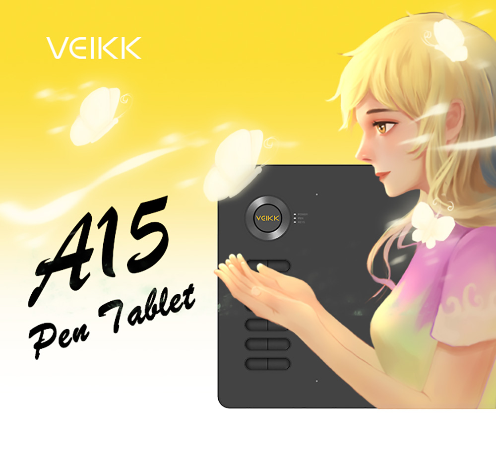 VEIKK A15 Pen Tablet 10x6'' 12 Shortcut Keys Support Windows Android Mac Linux for Professional Designer - Black