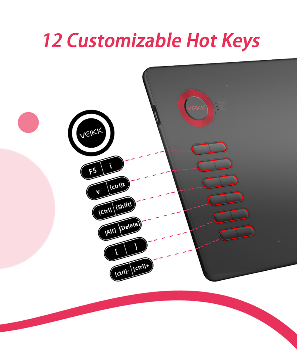 VEIKK A15 Pen Tablet 10x6'' 12 Shortcut Keys Support Windows Android Mac Linux for Professional Designer - Red