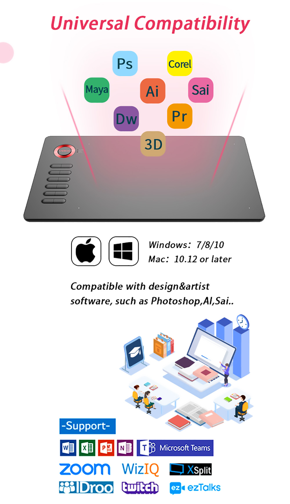 VEIKK A15 Pen Tablet 10x6'' 12 Shortcut Keys Support Windows Android Mac Linux for Professional Designer - Red