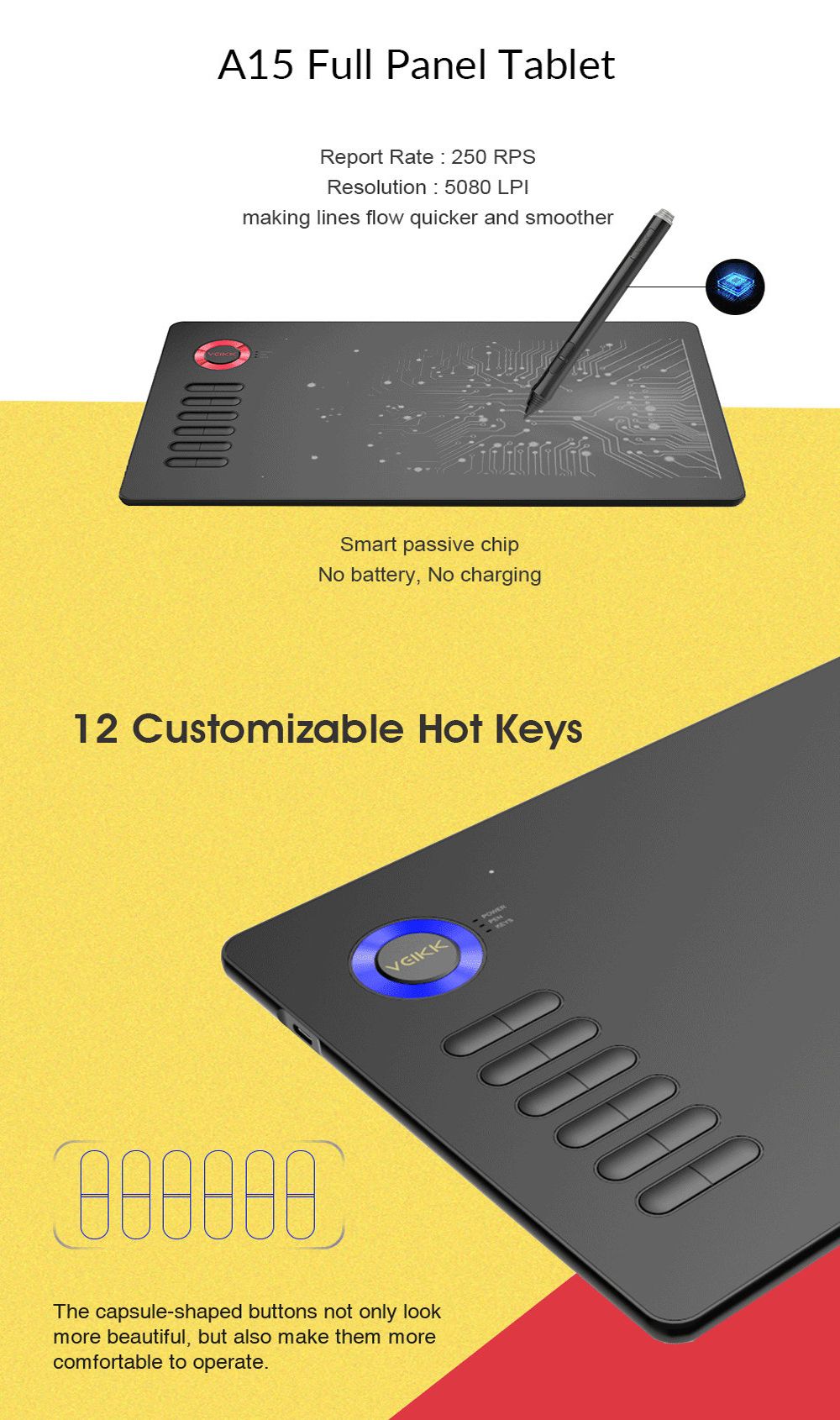 VEIKK A15 Pen Tablet 10x6'' Active Area Yellow