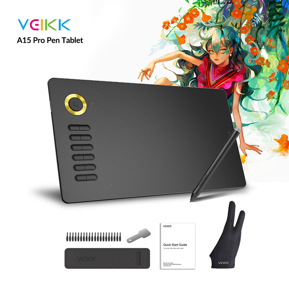 VEIKK A15Pro Drawing Tablet 10x6'' 12 Shortcut Keys Support Windows Android Mac Linux for Professional Drawing - Yellow