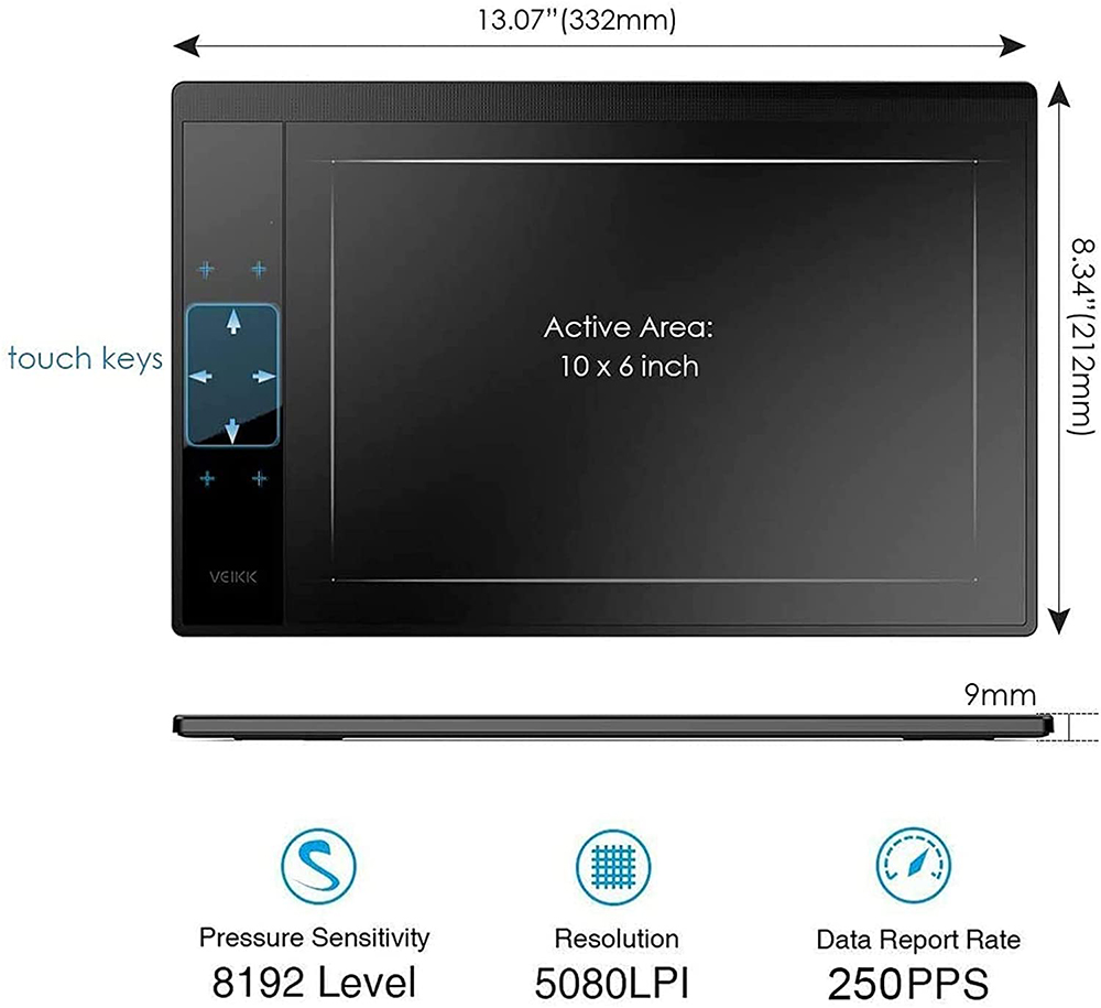 VEIKK A30 Touch Graphic Tablet 10x6'' Active Area 8192 Level Support Windows Android Mac Linux