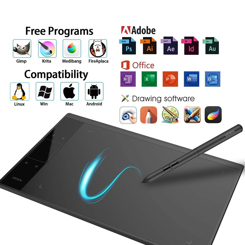 VEIKK A30 Touch Graphic Tablet 10x6'' Active Area 8192 Level Support Windows Android Mac Linux