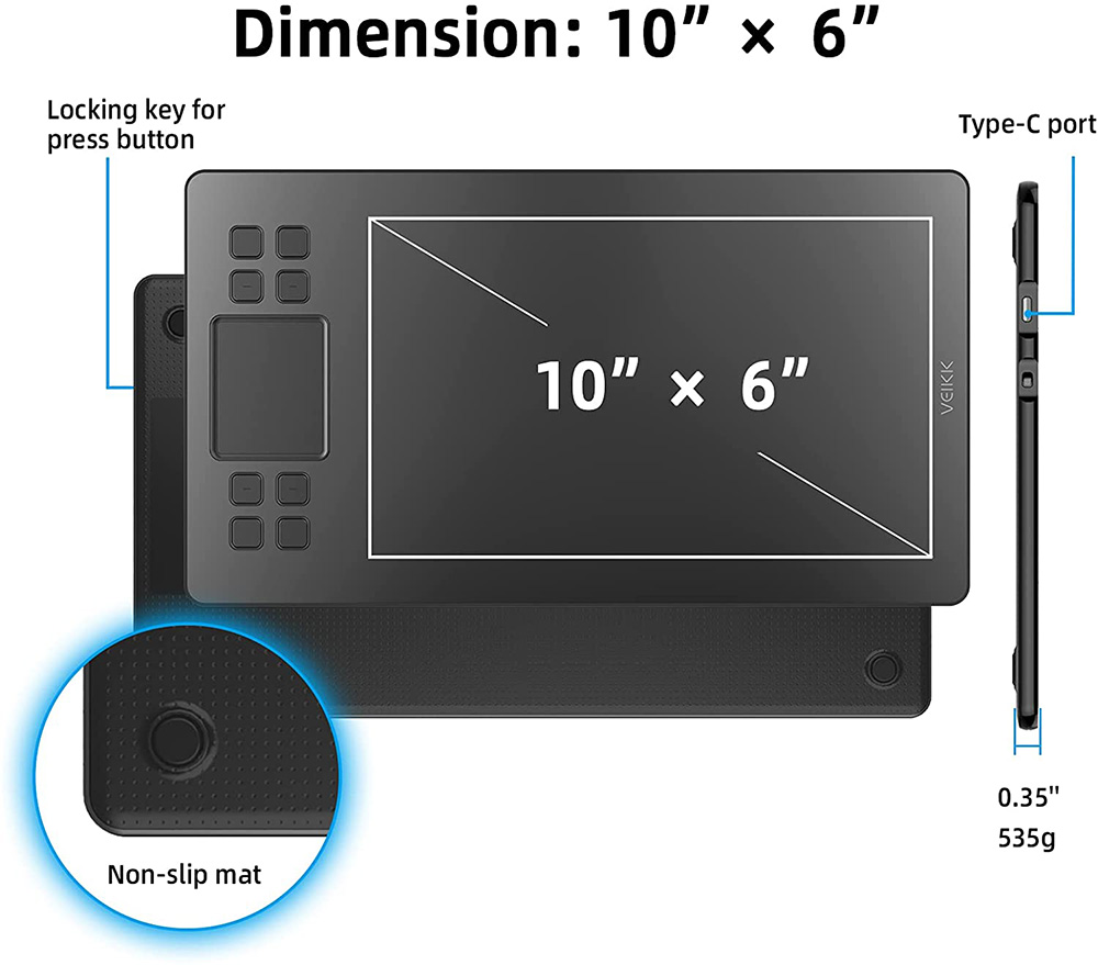 VEIKK A50 Full Panel Tablet 10x6'' 8 Customized Keys with Professional Drawing Stylus Wide Compatibility