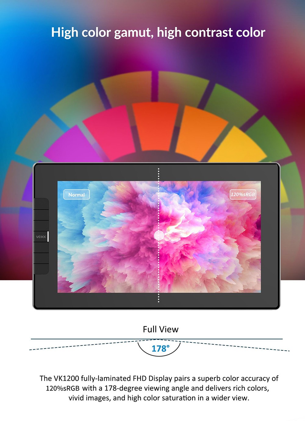 VEIKK VK1200 Graphics Display Tablet with 11.6'' Full Screen 1920x1080 HD IPS Drawing Monitor Animation Digital