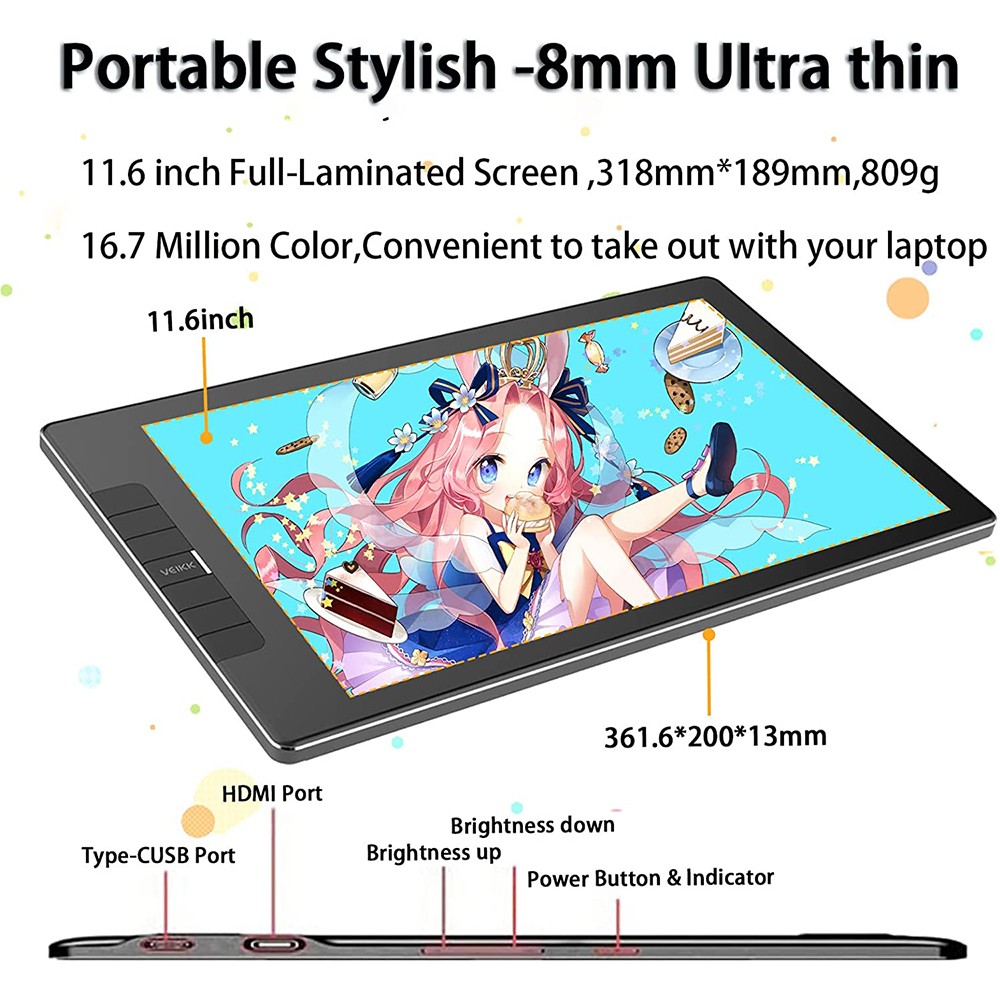 VEIKK VK1200 Graphics Display Tablet with 11.6'' Full Screen 1920x1080 HD IPS Drawing Monitor Animation Digital