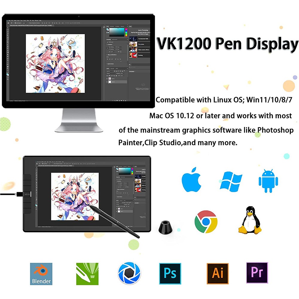 VEIKK VK1200 Graphics Display Tablet with 11.6'' Full Screen 1920x1080 HD IPS Drawing Monitor Animation Digital