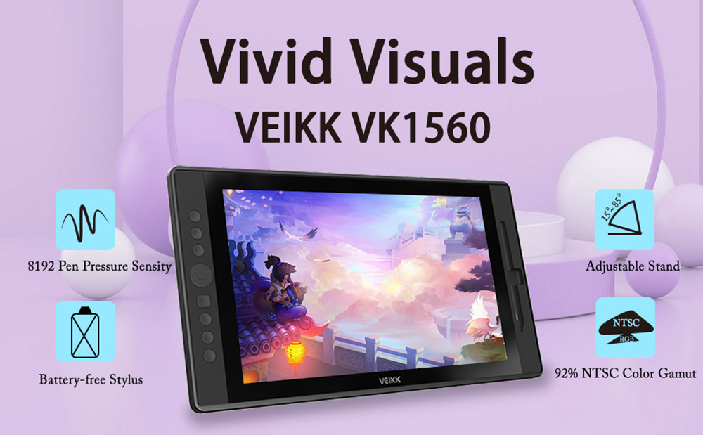 VEIKK VK1560 Pen Display with 15.6'' IPS HD Graphics Drawing Tablet Monitor for Painting & Writing