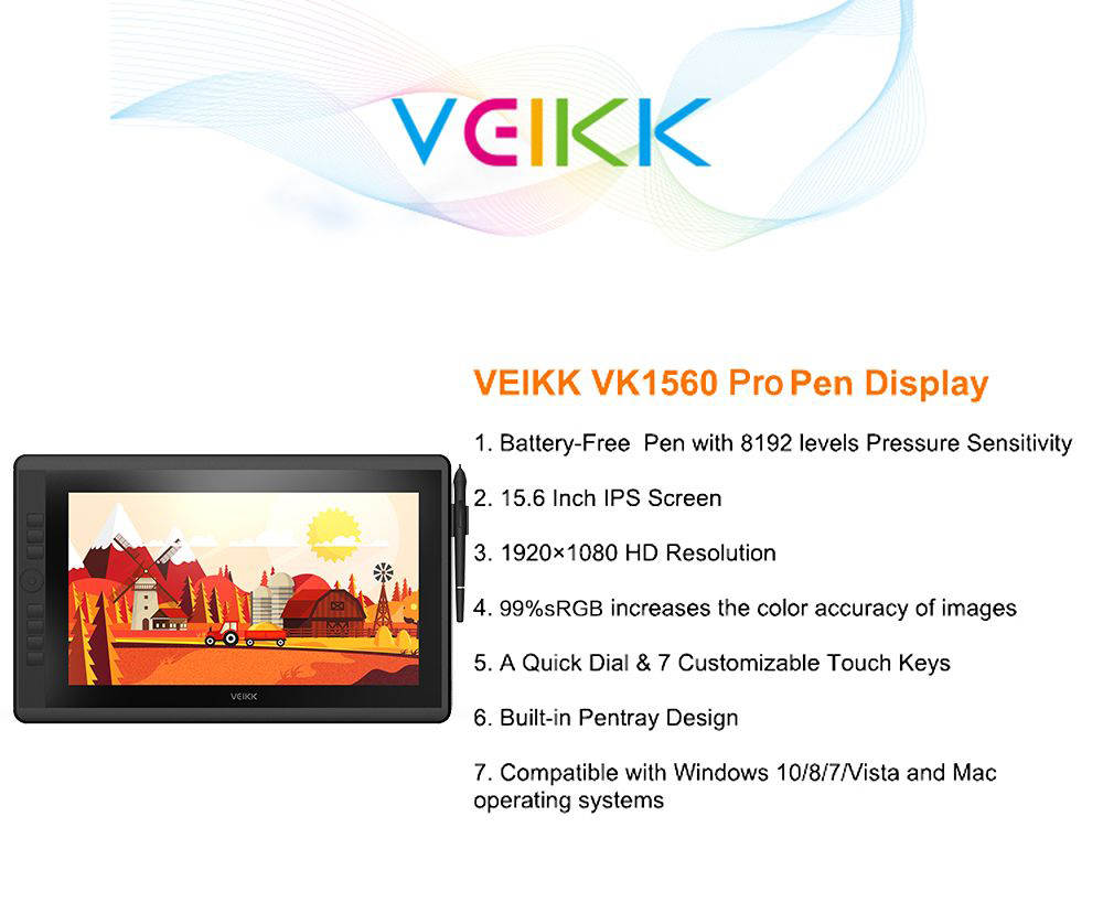 VEIKK VK1560Pro Pen Display with 15.6'' IPS HD Graphics Drawing Tablet Monitor for Painting & Writing with 2 Pens
