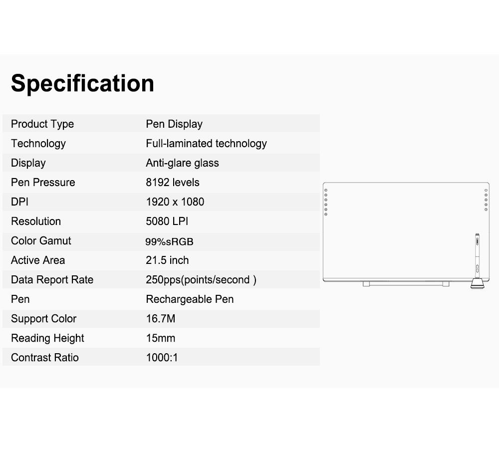 VEIKK VK2200 Pen Display with 21.5'' IPS HD Full Touch Screen 8mm Ultra-thin with Tilt-Support Battery-Free 8192 Pen